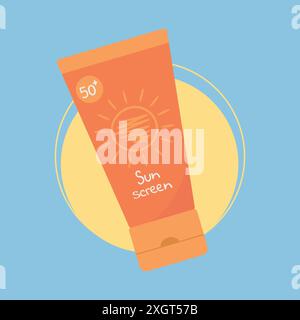 Tube with sunscreen product on sun background. SPF UV protection summer skincare product. SPF cream or lotion. Vector illustration Stock Vector