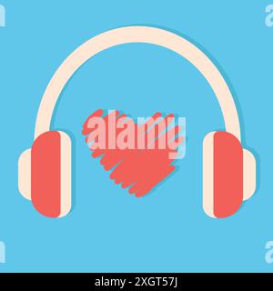 Retro headphones and hand drawn scribble heart on blue background. Vintage emblem of music lover. Vector illustration Stock Vector