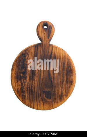 Wooden cutting board, round shape handmade wood cutting board isolated on white background with clipping part. Stock Photo