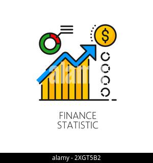 Finance statistic line color icon, financial analysis, accounting, tax revenue and budget. Vector bar graph, pie chart, upward trend arrow, dollar sign symbolizing growth, analytics, or financial data Stock Vector