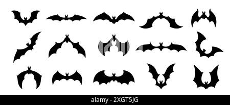 Halloween bats silhouettes, cloud of bats. Isolated vector set of winged vampire animal black shapes on white background. Creepy and spooky nocturnal creatures, monochrome icons, signs or pictograms Stock Vector