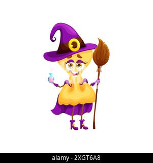 Cartoon halloween italian pasta wizard character. Isolated vector farfalle female macaroni personage with broom and mischievous grin on face cast spells and brew up magical potions for spooky holiday Stock Vector