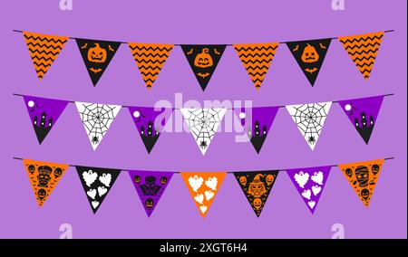 Halloween pennant garland. Autumn holiday celebration spooky garlands with pumpkin Jack on Lantern, flying bats and castle. Halloween vector pennants with cobweb, scary witch and ghosts monsters Stock Vector