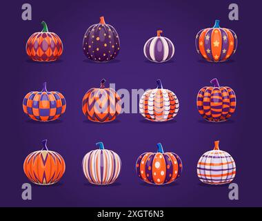 Halloween pumpkins with holiday ornaments and patterns. Isolated cartoon vector painted gourds creatively adorned with stripes, dots, zig-zag festive seasonal motifs, that captures spirit of season Stock Vector