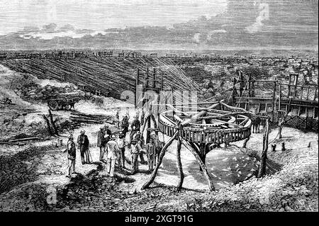 Mining of diamonds, diamond town of  Dutoitspan or Du Toit's Pan, today Kimberley,  South Africa ,historic illustration 1886 Stock Photo