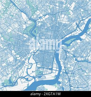 Map of Philadelphia in Pennsylvania in blue. Contains layered vector with roads water, parks, etc. Stock Vector