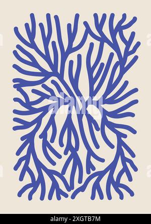 Botanical wall art vector blue coral branch drawing. Aesthetic doodle underwater 2d shapes. Floral design for home decoration, wall art. Artwork for p Stock Vector