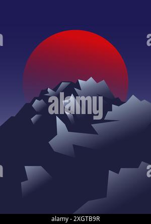 Mountains sunset landscape with white peaks illustration. 2d cartoon gradient background with frozen alps. Minimalist red sunrise wall decor. Vector a Stock Vector