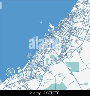 Map of Dubai in United Arab Emirates in blue. Contains layered vector with roads water, parks, etc. Stock Vector