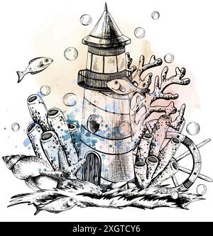 Lighthouse with corals, algae, a rudder and a fish isolated composition on a white background, hand-drawn in a graphic. Vector, marine composition, in Stock Vector