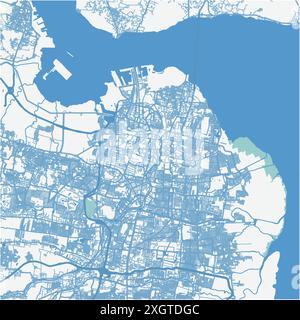 Map of Surabaya in Indonesia in blue. Contains layered vector with roads water, parks, etc. Stock Vector