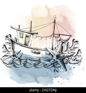 Fishing boat with flag garlands, waves, starfish and corals. Illustration hand-drawn in graphics. EPS vector. Isolated composition on a white Stock Vector