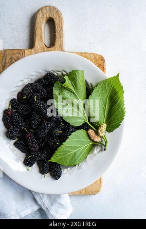 Top view of a white ceramic bowl filled with juicy black mulberries, adorned with vibrant green leaves, rests on a rustic wooden cutting board against Stock Photo