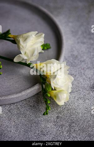 A close-up view of elegant white freesia flowers resting against a gray textured table, suggesting a refined and gentle table setting theme perfect fo Stock Photo