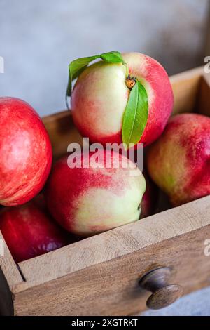 A close-up image showcasing fresh, ripe nectarines with vibrant red hues, nestled in a quaint wooden crate. Each nectarine features a tender green lea Stock Photo
