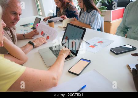 A multigenerational group of professionals collaborates on a business project, reviewing charts and data on their laptops and printed documents, in a Stock Photo