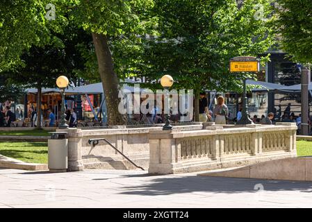 An entrance to the the Millenium Underground (metro line 1) in Budapest at Vorosmarty ter Stock Photo