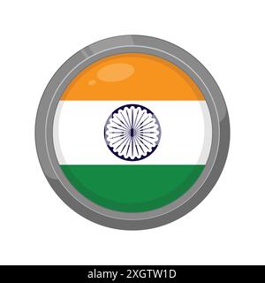 India flag. Round glossy. Silver frame. India flag vector icon illustration Stock Vector