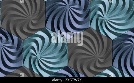 3D illustration of relief 3D panels in the form of hexagons with wavy structure made of different materials of colors green chrome metal and gray leat Stock Photo