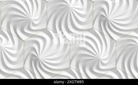 3D illustration of relief 3D panels in the form of hexagons with wavy structure made of different materials of colors green chrome metal and gray leat Stock Photo