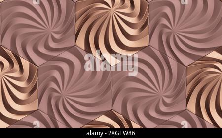 3D illustration of relief 3D panels in the form of hexagons with wavy structure made of different materials of colors green chrome metal and gray leat Stock Photo