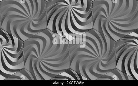 3D illustration of relief 3D panels in the form of hexagons with wavy structure made of different materials of colors green chrome metal and gray leat Stock Photo