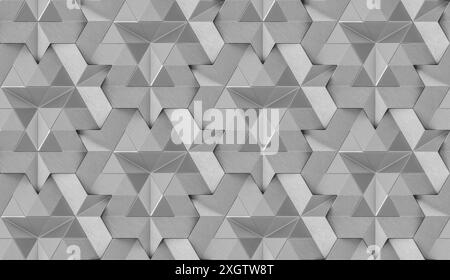 This digital illustration features a seamless pattern of interlocking silver stars and angular shapes It offers a metallic, textured appearance ideal Stock Photo
