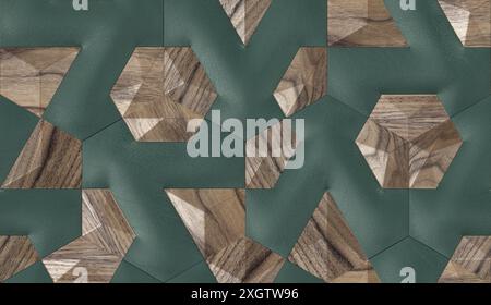 This image features a 3D geometric pattern combining dark green leather-like and wood textures Ideal for modern wallpaper designs and creative backgro Stock Photo