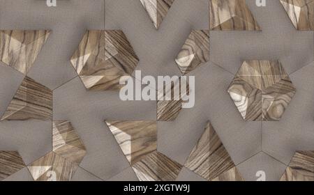 This image showcases a unique 3D geometric wooden pattern, ideal for wall coverings or creative projects The repetitive hexagonal shapes interlock sea Stock Photo