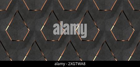 A sophisticated 3D geometric pattern featuring metallic copper lines intersecting over a textured dark gray canvas configured for an exquisite wallpap Stock Photo