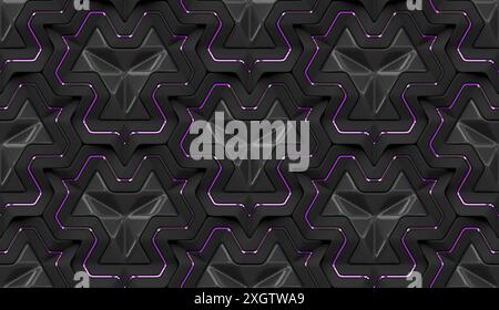 This 3D geometric pattern, ideal for a sophisticated wallpaper design, features a continuous black and grey motif accented with vibrant purple outline Stock Photo