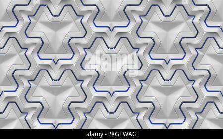 This image presents a 3D geometric pattern featuring a combination of silver and blue lines, ideal for contemporary wallpaper designs and abstract bac Stock Photo