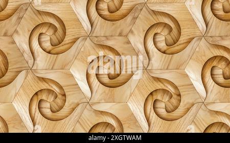 3d wooden spiral panels, hexagon, eco panels natural background Stock Photo