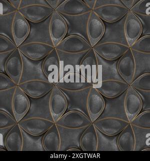 A seamless abstract pattern featuring interlocking circles edged in gold on a dark gray matte background, inspired by the geometric intricacy of the B Stock Photo