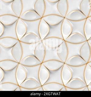 Seamless geometric pattern featuring white teardrop shapes interconnected by thin golden lines, creating a sophisticated 3D illusion Stock Photo