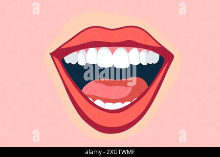 A vibrant, illustrated close-up of a wide, perfect smile with healthy white teeth, ideal for odontology and oral hygiene promotions. The image is set Stock Photo