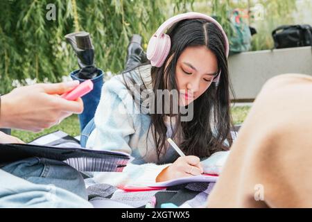 Diverse students gather outdoors on a sunny day, focused on their studies and engaged in conversation, surrounded by lush greenery Stock Photo