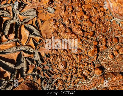 This abstract photograph captures the unique, textured surface of the Rio Tinto riverbed in Spain, highlighted by natural orange hues and intricate pa Stock Photo