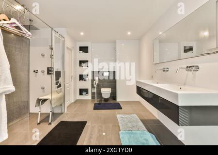 Sleek and spacious modern bathroom interior with a large mirror, dual sinks, and tiled shower in Hilversumstraat, Amsterdam Stock Photo