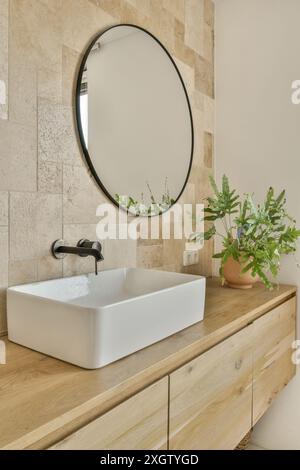 This image features a stylish modern bathroom sink centered on a rustic wooden vanity, complemented by a natural stone-tiled wall and a large oval mir Stock Photo