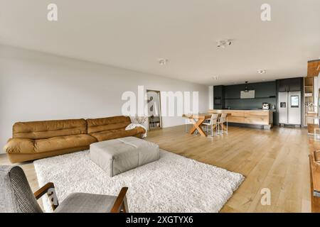 Spacious modern living room with minimalist furniture and open kitchen design. Stock Photo