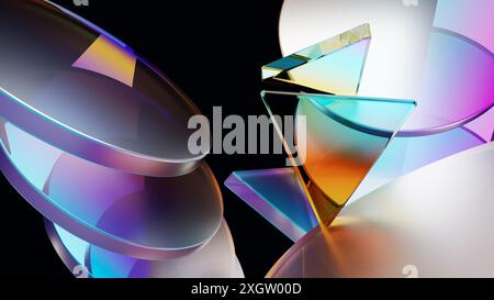 This image features abstract 3D forms with glass surfaces reflecting and refracting light, creating a spectrum of vibrant colors in a dark background. Stock Photo