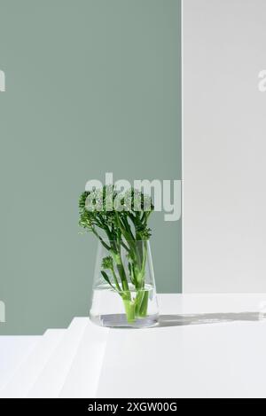 Vibrant green broccolini stalks, also known as Tenderstem and baby broccoli, are displayed in a clear glass jar filled with water on a white surface, Stock Photo
