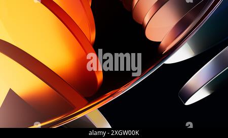 This image showcases a stunning 3D visualization featuring sleek glass surfaces, capturing intricate reflections and vibrant color gradients ranging f Stock Photo