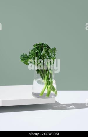 Fresh broccolini stalks, also known as tenderstem or baby broccoli, are displayed in a clear glass jar filled with water, showcased on a modern minima Stock Photo