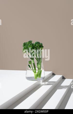 Vibrant broccolini, also known as Tenderstem or baby broccoli, displayed in a clear glass jar with water, set against a soft beige background, casting Stock Photo