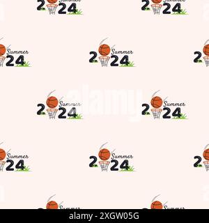 Vector seamless pattern with basketball ball and basket. Summer 2024. Endless background for banners and posters Stock Vector