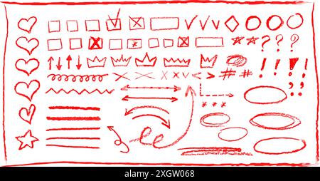 Red underline pencil hand drawn various ellipses, punctuation marks, direction pointers, arrows, stars, question mark and exclamation point. Vector Stock Vector
