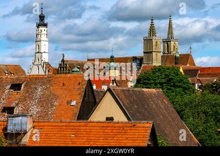 View of Old clock tower and  St. Jacob’s Church in  Rothenburg ob der Tauber; Bavaria, Germany. It is famous for its well-preserved medieval old town. Stock Photo