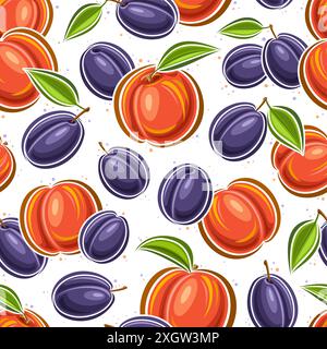 Vector Plum and Peach seamless pattern, decorative background with flying ripe cartoon fruits for wrapping paper, square placard with flat lay plums a Stock Vector